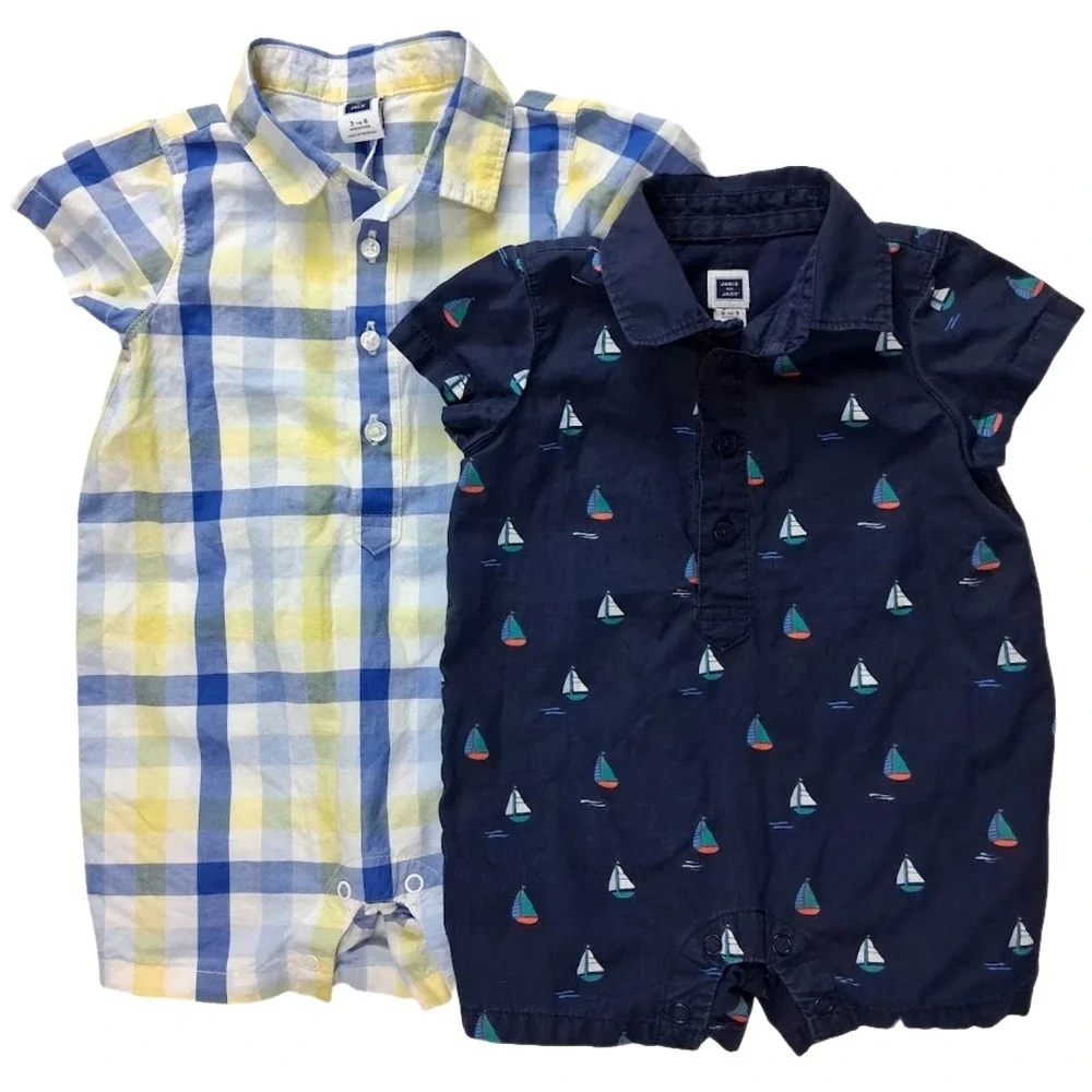 Janie & Jack Baby Boy 0 3 6 Mos Collared Romper Lot Sailboat Plaid Shortall Blue